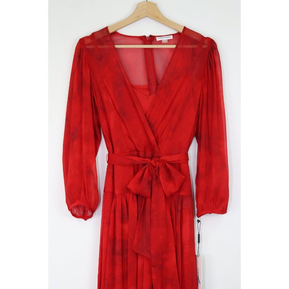 NWT Calvin Klein Chiffon Tie Waist Maxi Dress Surplice V-Neck Long Sleeve Red 6 - Picture 5 of 8